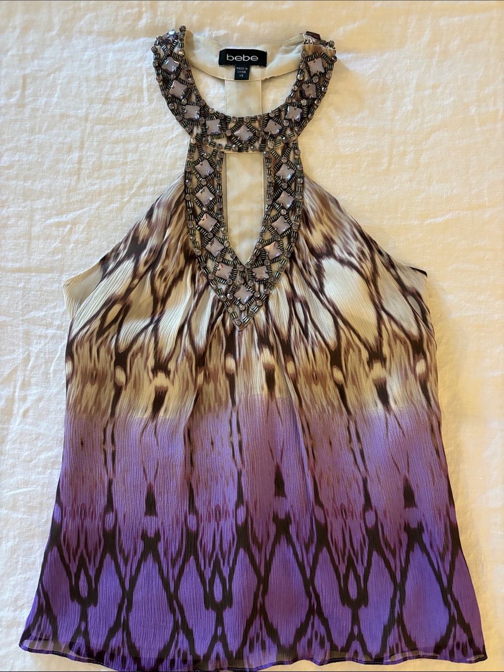 bebe Purple and Cream Ombre One-Shoulder Beaded Halter Top